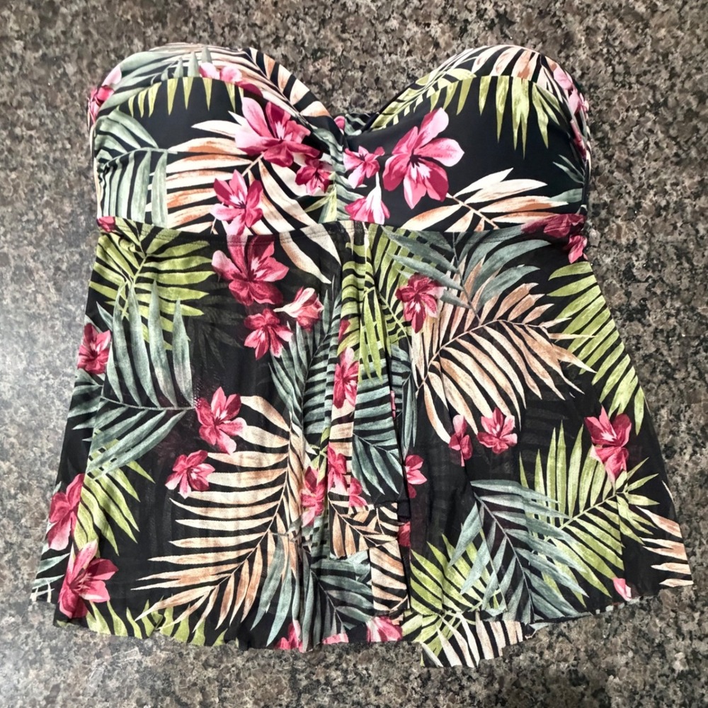 Kona Sol Womens XL Tropical Floral Bandeau Tankini Top Black Pink Palm Leaf Swim
